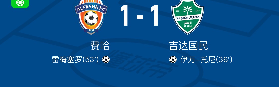 开云-费哈1-1吉达国民，伊万-托尼先拔头筹，雷梅塞罗救主